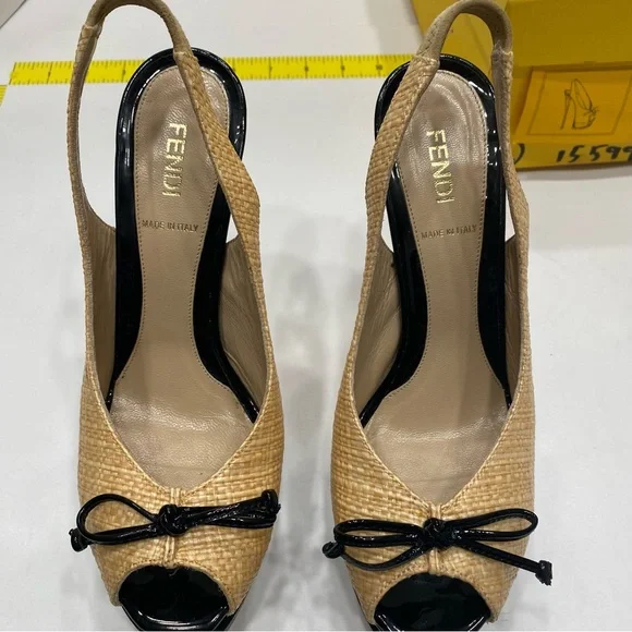 FENDI authentic platform rafia and black patent high heel sling back 37.5 - Picture 12 of 12